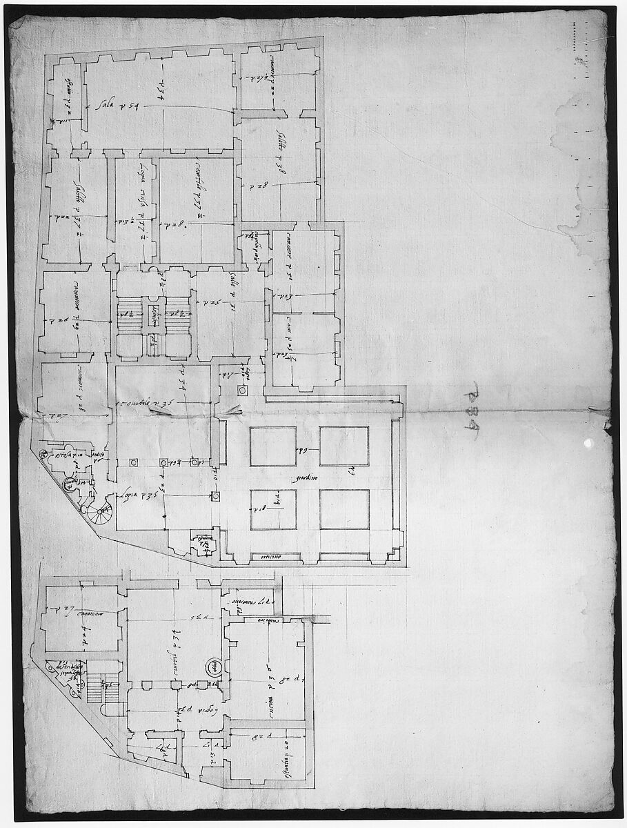 Unidentified palace, plan (recto) blank (verso), Drawn by Anonymous, French, 16th century, Dark brown ink, black chalk, and incised lines