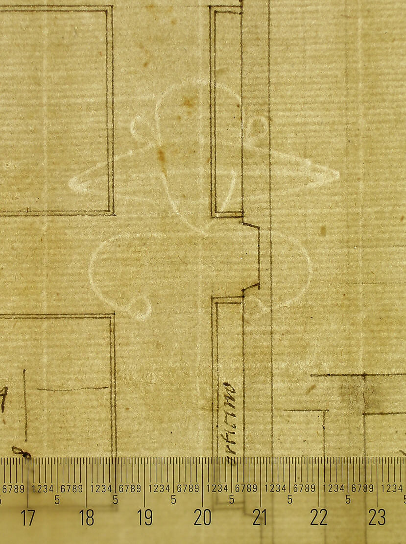 Unidentified palace, plan (recto) blank (verso), Drawn by Anonymous, French, 16th century, Dark brown ink, black chalk, and incised lines