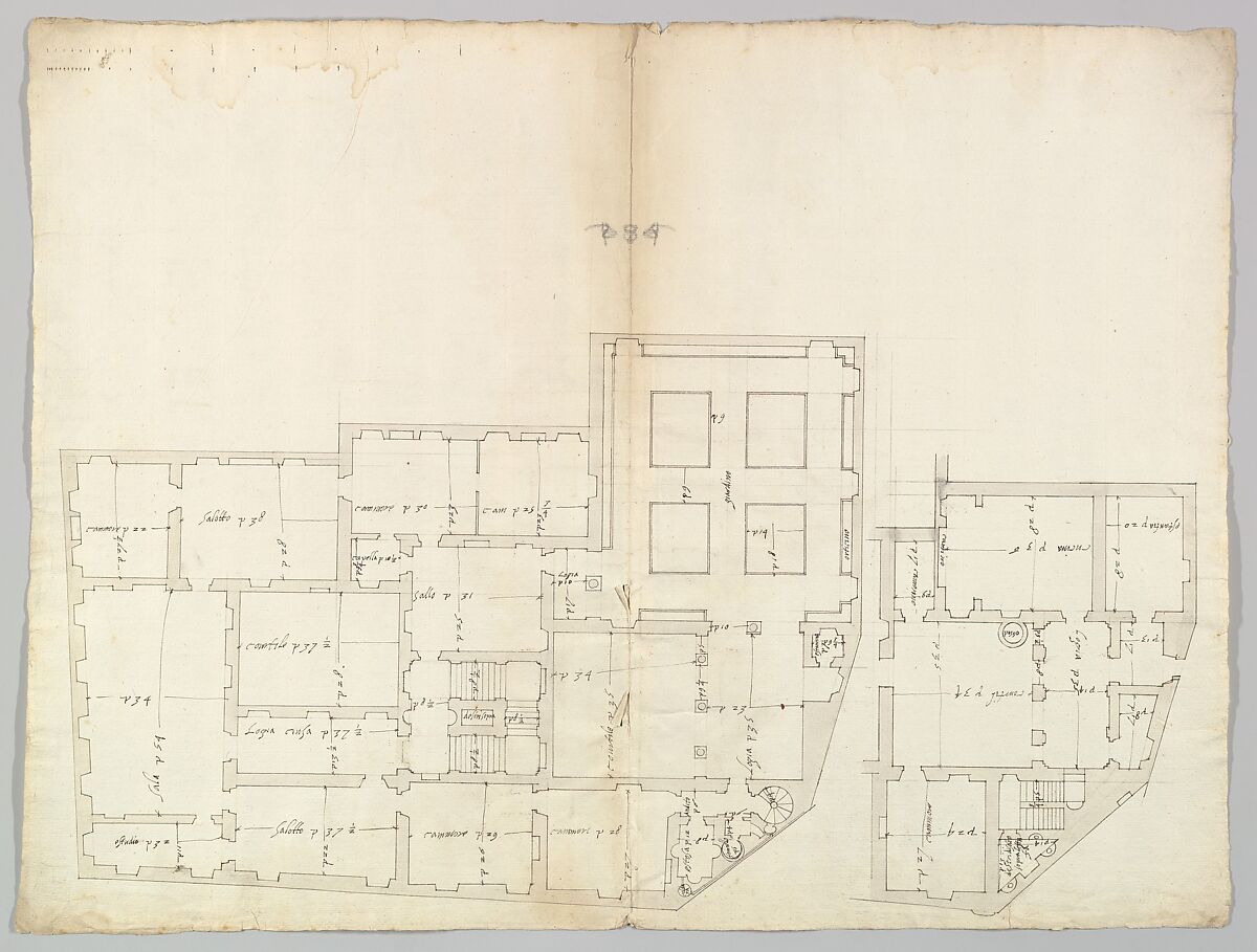 Unidentified palace, plan (recto) blank (verso), Drawn by Anonymous, French, 16th century, Dark brown ink, black chalk, and incised lines 