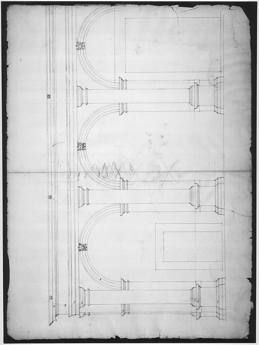 S. Maria in Domnica, portico, elevation (recto) blank (verso), Drawn by Anonymous, French, 16th century, Dark brown ink, black chalk, and incised lines