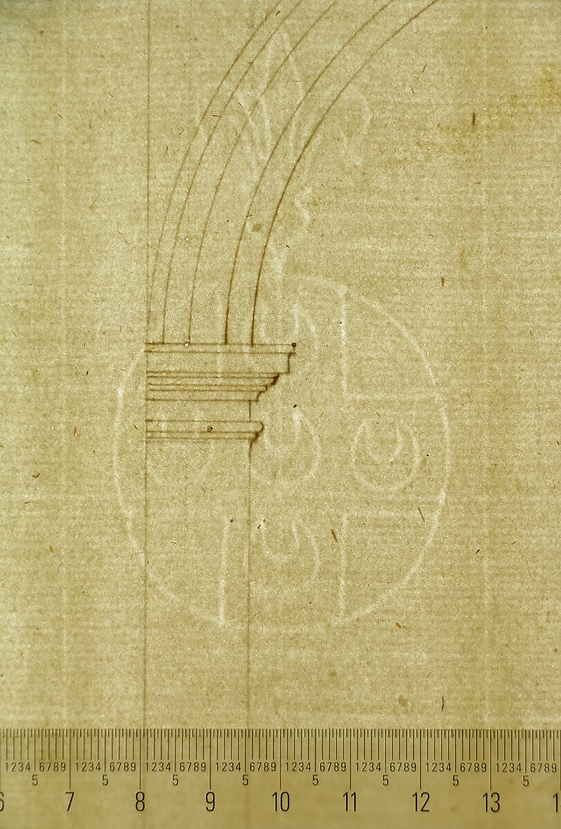 S. Maria in Domnica, portico, elevation (recto) blank (verso), Drawn by Anonymous, French, 16th century, Dark brown ink, black chalk, and incised lines
