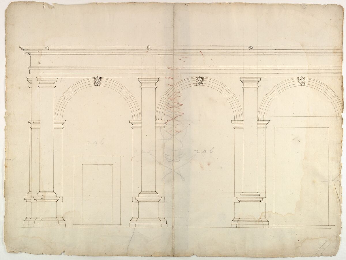 S. Maria in Domnica, portico, elevation (recto) blank (verso), Drawn by Anonymous, French, 16th century, Dark brown ink, black chalk, and incised lines 