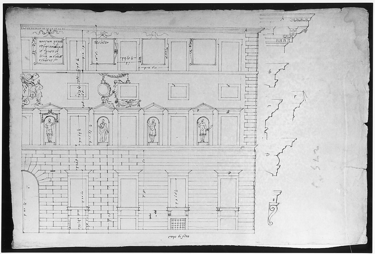 Palazzo Spada (Capodiferro), right half, elevation; details profiles (recto) Wall, interior, elevation; ceiling, interior, plan (verso), Drawn by Anonymous, French, 16th century, Dark brown ink, black chalk, and incised lines