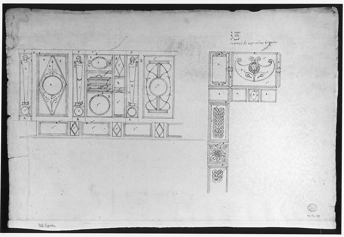Palazzo Spada (Capodiferro), right half, elevation; details profiles (recto) Wall, interior, elevation; ceiling, interior, plan (verso), Drawn by Anonymous, French, 16th century, Dark brown ink, black chalk, and incised lines