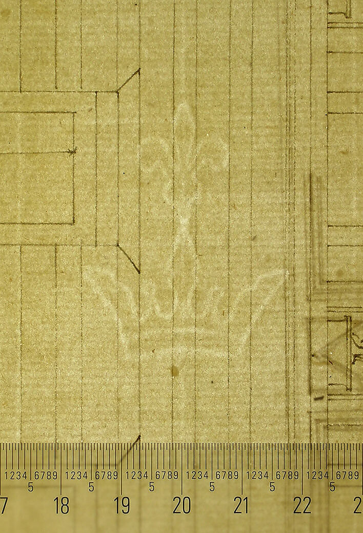 Palazzo Spada (Capodiferro), right half, elevation; details profiles (recto) Wall, interior, elevation; ceiling, interior, plan (verso), Drawn by Anonymous, French, 16th century, Dark brown ink, black chalk, and incised lines