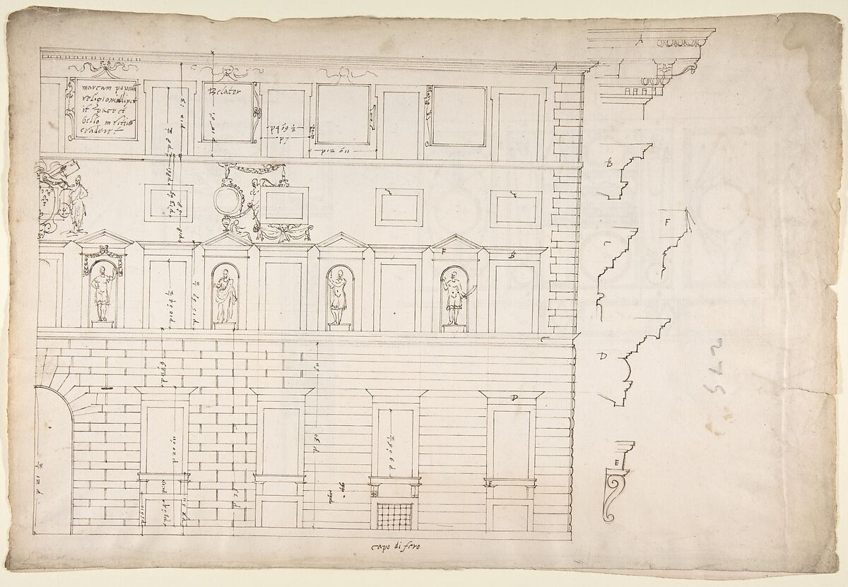 Palazzo Spada (Capodiferro), right half, elevation; details profiles (recto) Wall, interior, elevation; ceiling, interior, plan (verso), Drawn by Anonymous, French, 16th century, Dark brown ink, black chalk, and incised lines 