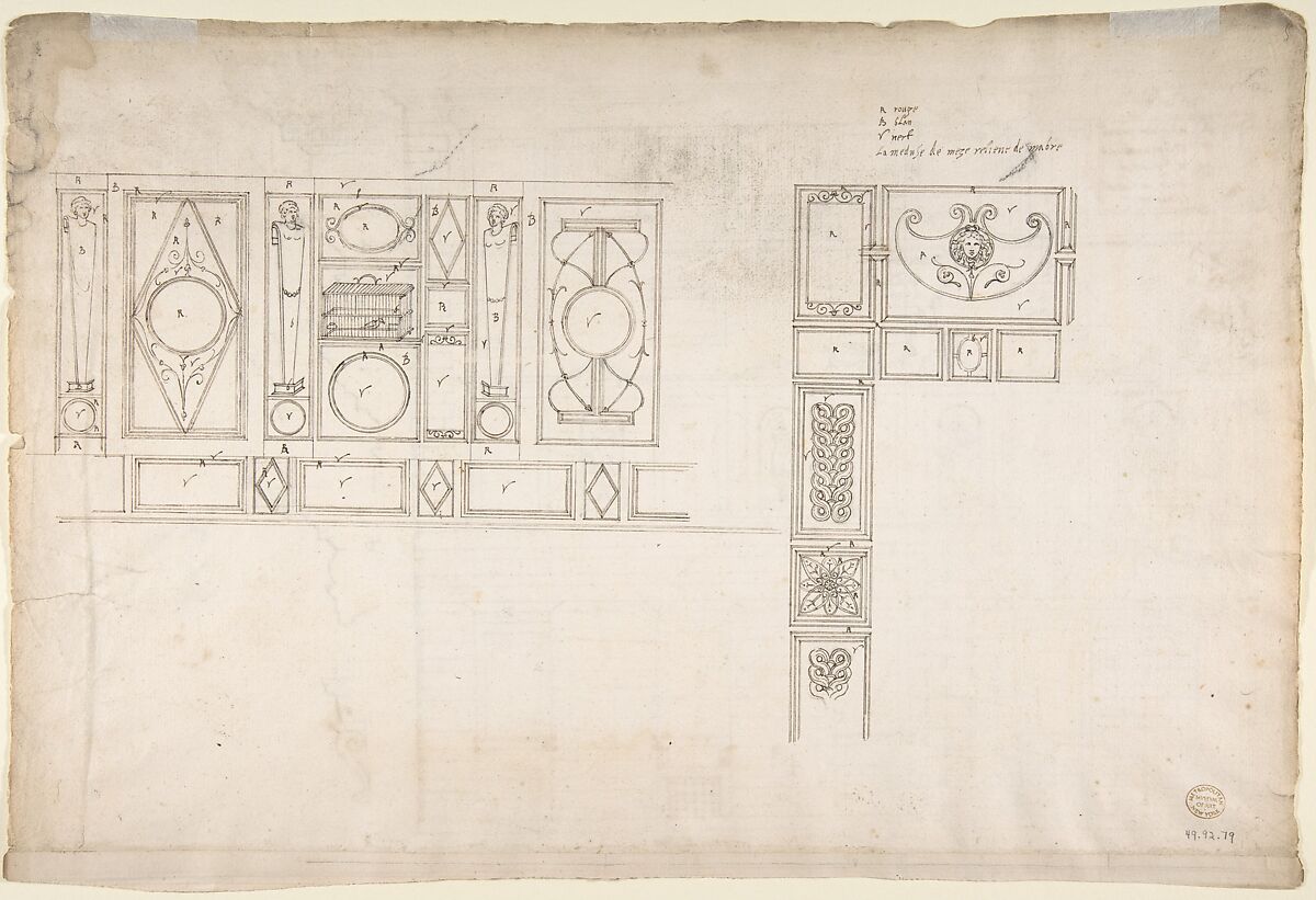 Palazzo Spada (Capodiferro), right half, elevation; details profiles (recto) Wall, interior, elevation; ceiling, interior, plan (verso), Drawn by Anonymous, French, 16th century, Dark brown ink, black chalk, and incised lines