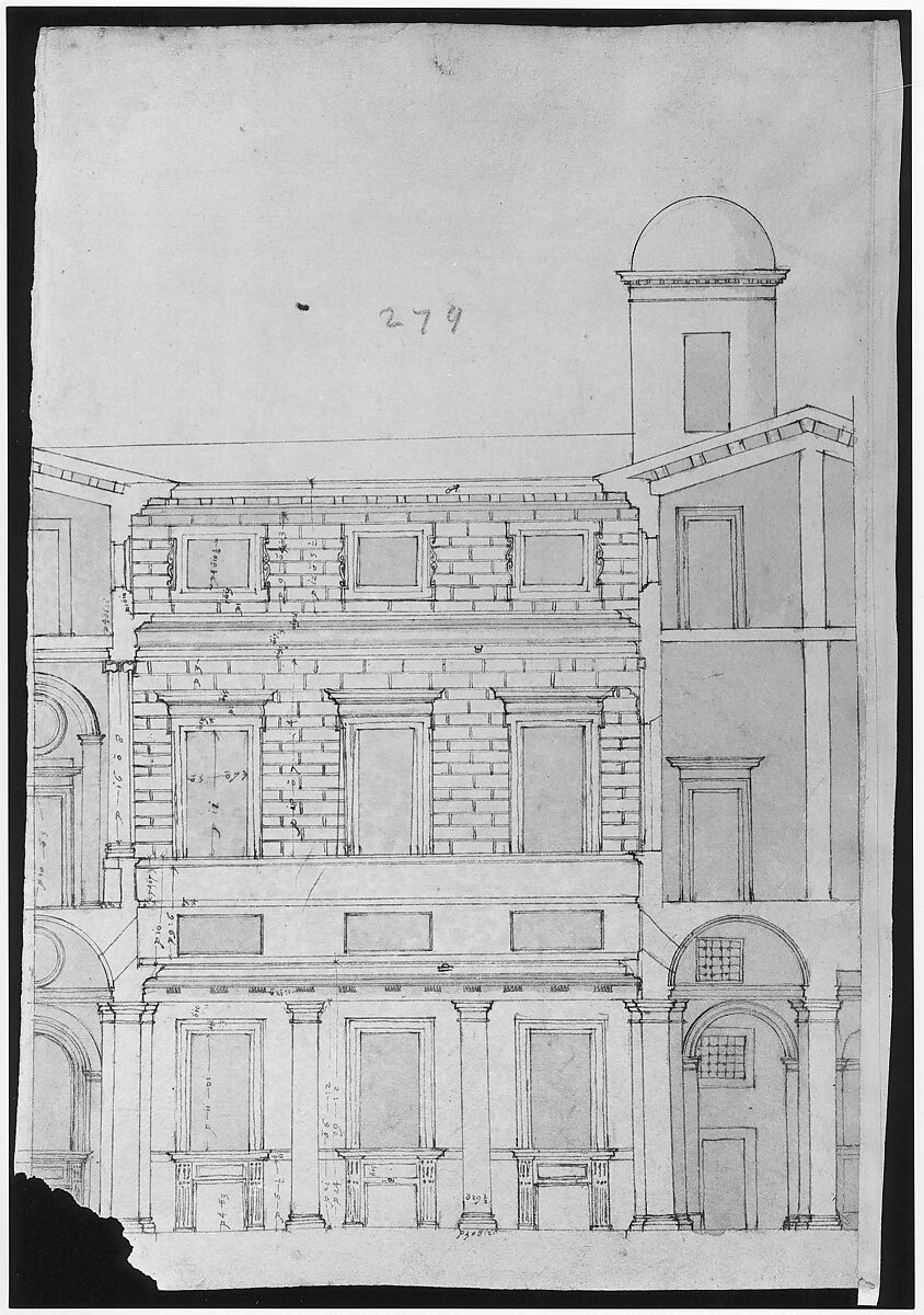 Palazzo Massimo alle Colonne, cortile, section (recto) Palazzo Massimo alle Colonne , first story loggia entablature, profile section and column shaft (verso), Drawn by Anonymous, French, 16th century, Dark brown ink, black chalk, and incised lines
