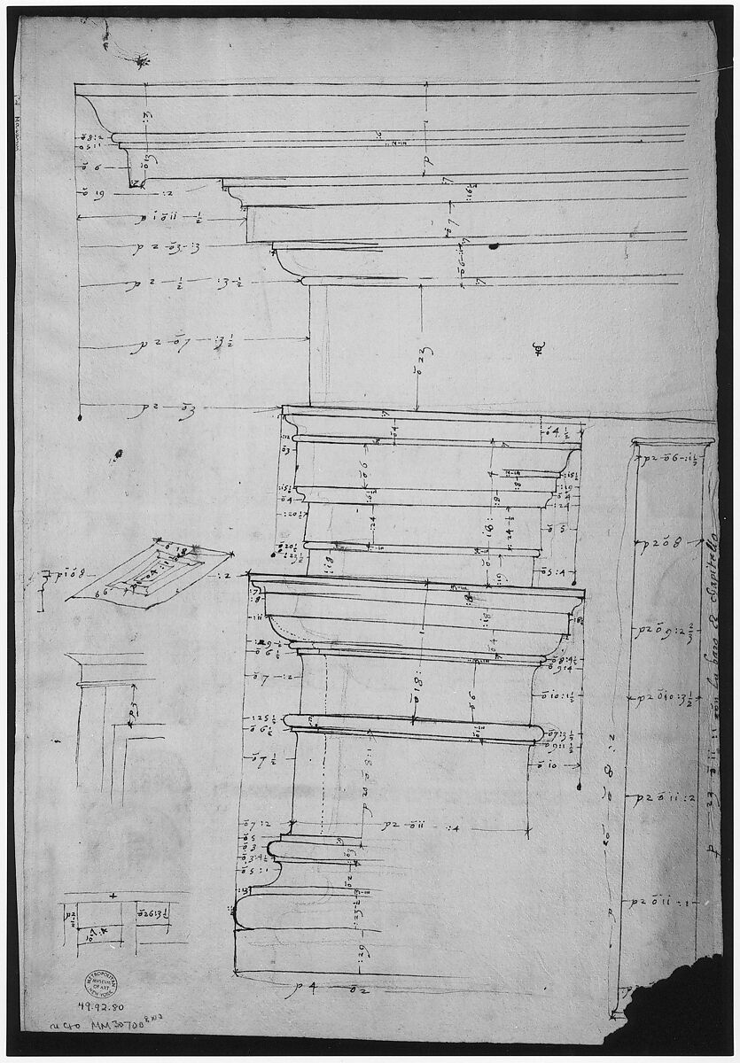 Palazzo Massimo alle Colonne, cortile, section (recto) Palazzo Massimo alle Colonne , first story loggia entablature, profile section and column shaft (verso), Drawn by Anonymous, French, 16th century, Dark brown ink, black chalk, and incised lines