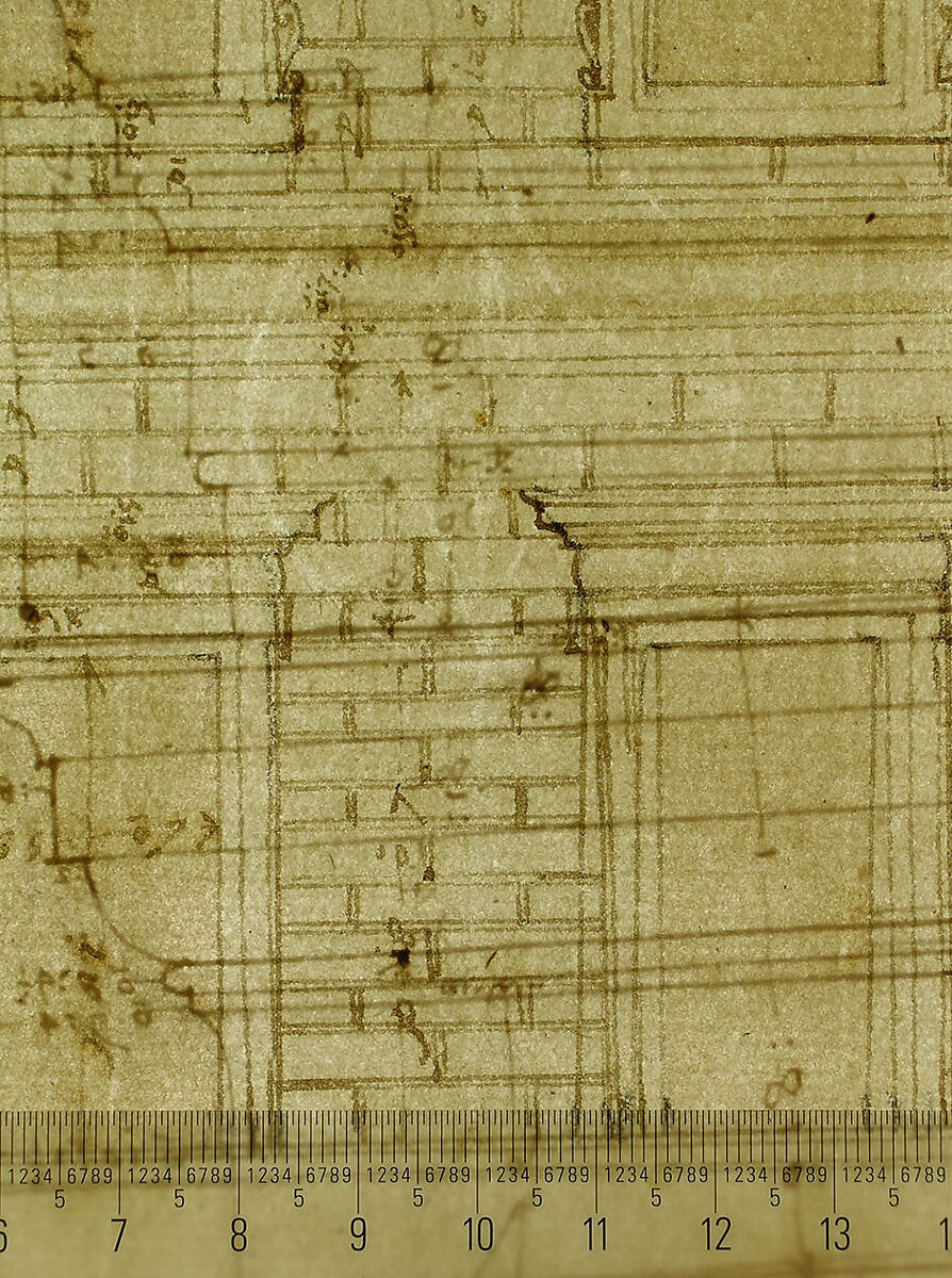 Palazzo Massimo alle Colonne, cortile, section (recto) Palazzo Massimo alle Colonne , first story loggia entablature, profile section and column shaft (verso), Drawn by Anonymous, French, 16th century, Dark brown ink, black chalk, and incised lines
