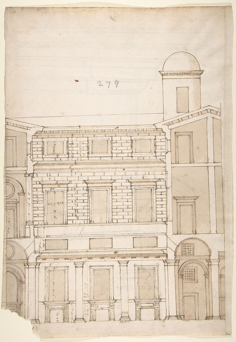 Palazzo Massimo alle Colonne, cortile, section (recto) Palazzo Massimo alle Colonne , first story loggia entablature, profile section and column shaft (verso), Drawn by Anonymous, French, 16th century, Dark brown ink, black chalk, and incised lines 