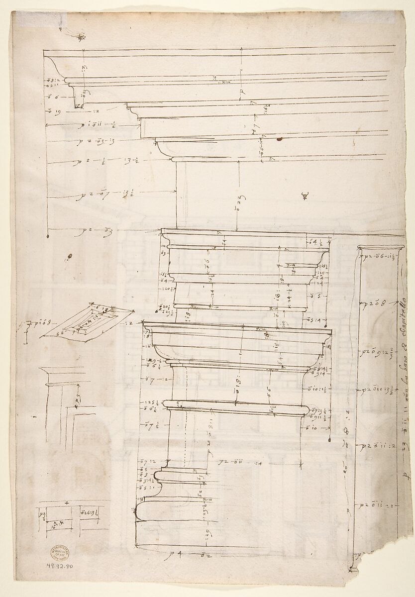 Palazzo Massimo alle Colonne, cortile, section (recto) Palazzo Massimo alle Colonne , first story loggia entablature, profile section and column shaft (verso), Drawn by Anonymous, French, 16th century, Dark brown ink, black chalk, and incised lines
