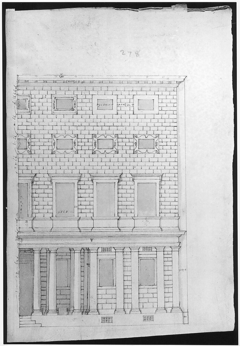 Palazzo Massimo alle Colonne, elevation (recto) Palazzo Massimo alle Colonne, portal, elevation; portal entablature, profile (verso), Drawn by Anonymous, French, 16th century, Dark brown ink, black chalk, and incised lines