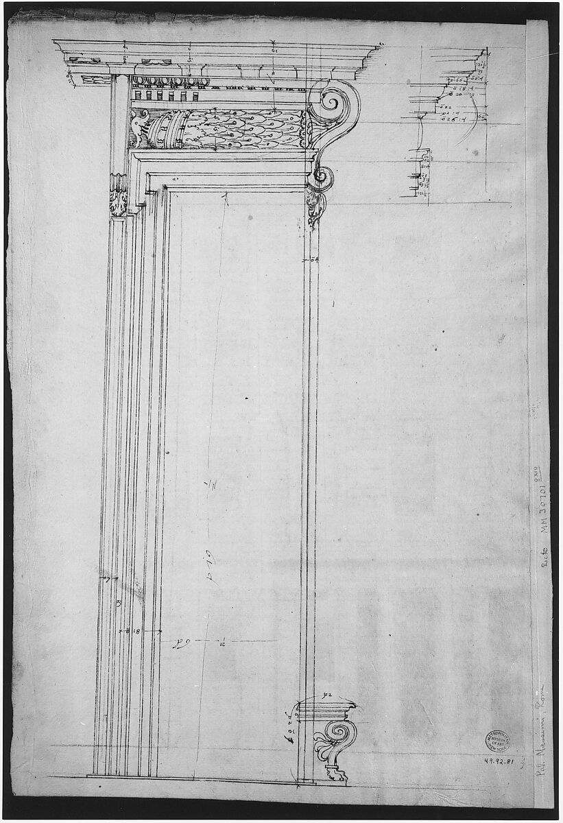 Palazzo Massimo alle Colonne, elevation (recto) Palazzo Massimo alle Colonne, portal, elevation; portal entablature, profile (verso), Drawn by Anonymous, French, 16th century, Dark brown ink, black chalk, and incised lines