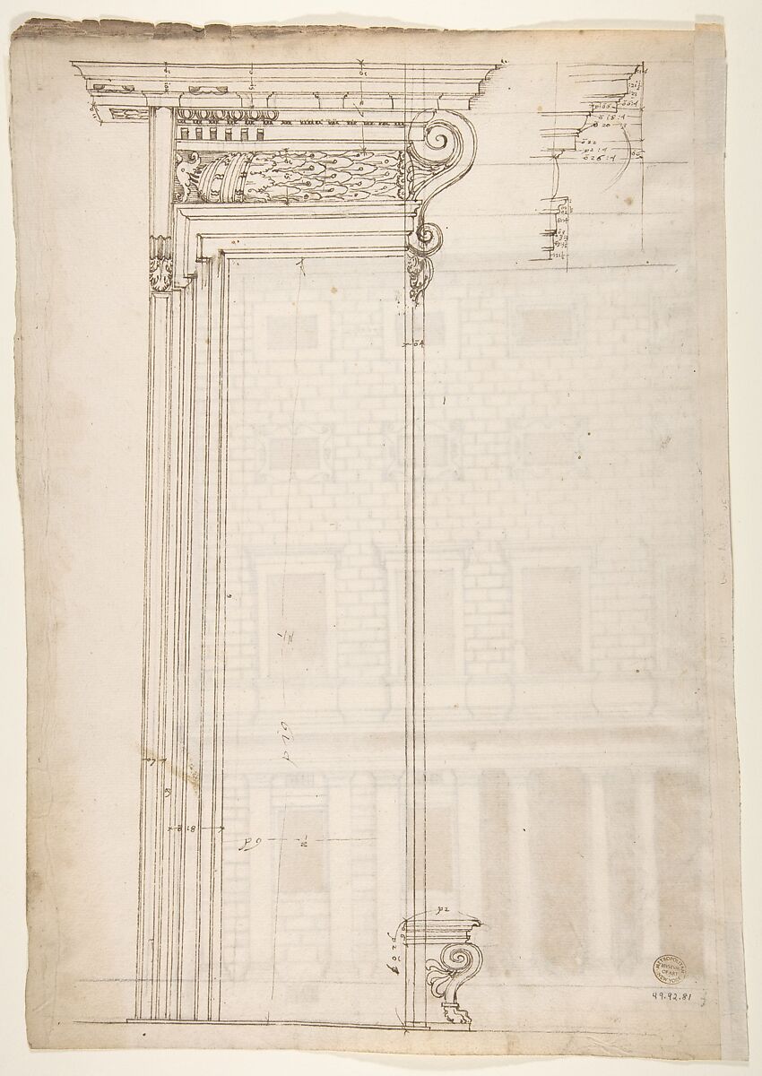 Palazzo Massimo alle Colonne, elevation (recto) Palazzo Massimo alle Colonne, portal, elevation; portal entablature, profile (verso), Drawn by Anonymous, French, 16th century, Dark brown ink, black chalk, and incised lines