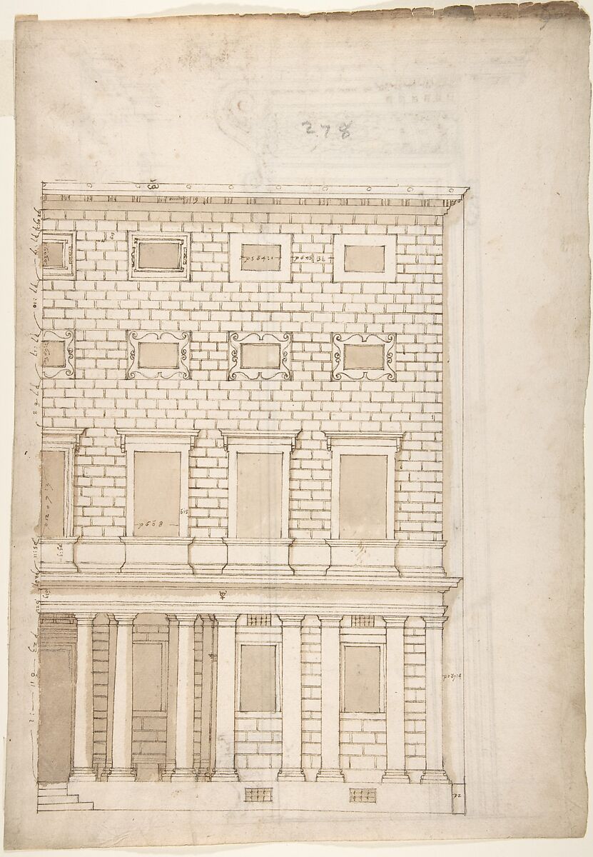 Palazzo Massimo alle Colonne, elevation (recto) Palazzo Massimo alle Colonne, portal, elevation; portal entablature, profile (verso), Drawn by Anonymous, French, 16th century, Dark brown ink, black chalk, and incised lines 