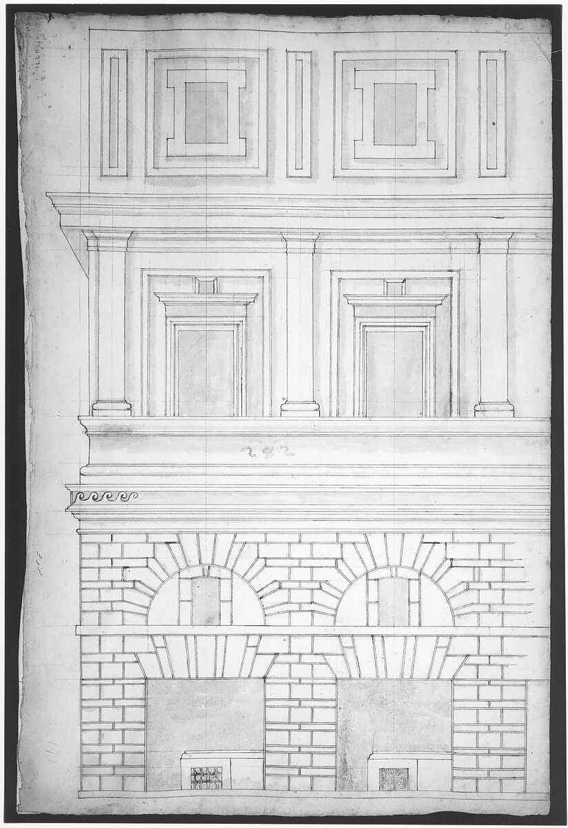 Palazzo Alberini-Cicciaporci, half elevation (recto) blank (verso), Drawn by Anonymous, French, 16th century, Dark brown ink, black chalk, and incised lines