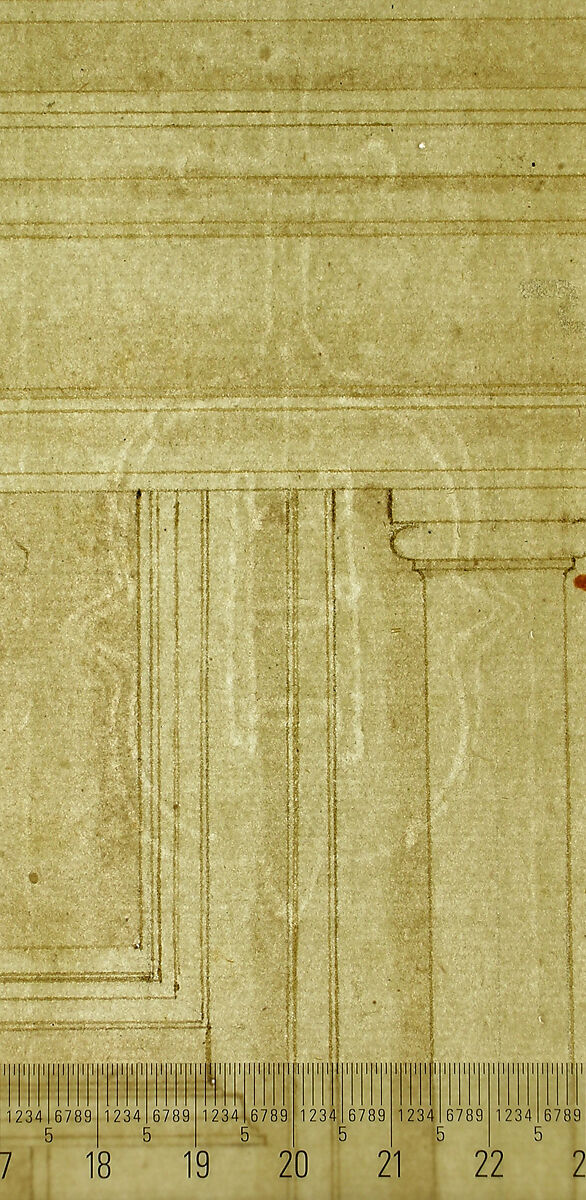Palazzo Alberini-Cicciaporci, half elevation (recto) blank (verso), Drawn by Anonymous, French, 16th century, Dark brown ink, black chalk, and incised lines