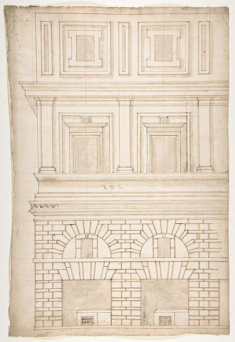 Palazzo Alberini-Cicciaporci, half elevation (recto) blank (verso), Drawn by Anonymous, French, 16th century, Dark brown ink, black chalk, and incised lines 
