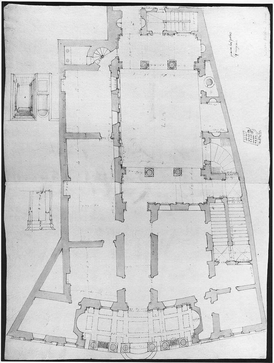 Palazzo Massimo alle Colonne, plan (recto); Palazzo Massimo alle Colonne, façade, details and fireplace (verso), Anonymous, French, 16th century, Dark brown ink, black chalk, and incised lines