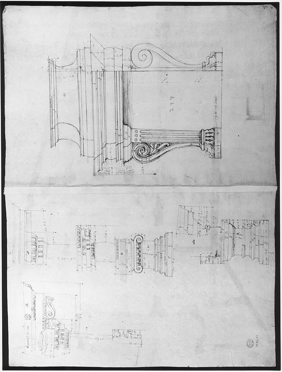 Palazzo Massimo alle Colonne, plan (recto); Palazzo Massimo alle Colonne, façade, details and fireplace (verso), Anonymous, French, 16th century, Dark brown ink, black chalk, and incised lines