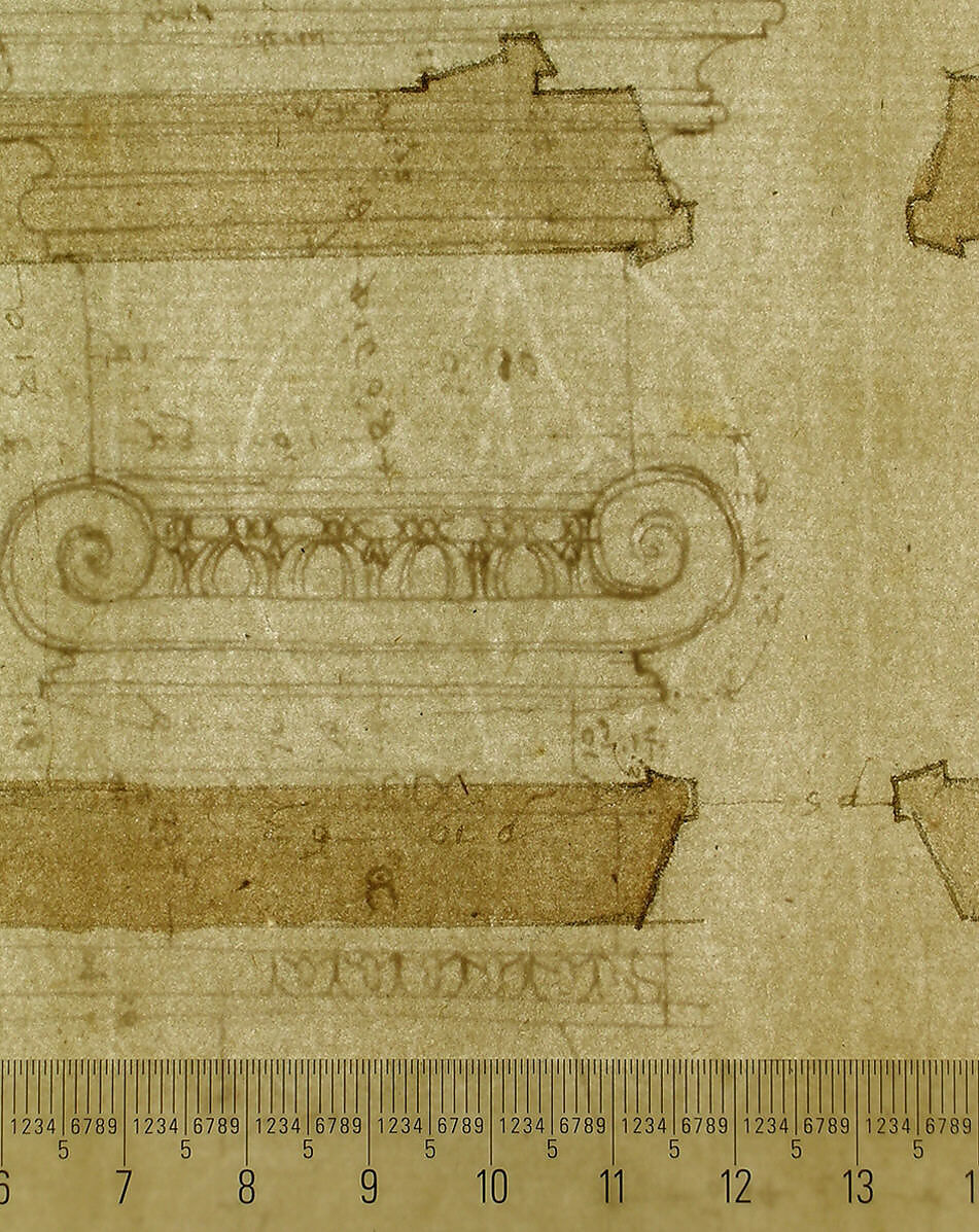 Palazzo Massimo alle Colonne, plan (recto); Palazzo Massimo alle Colonne, façade, details and fireplace (verso), Anonymous, French, 16th century, Dark brown ink, black chalk, and incised lines