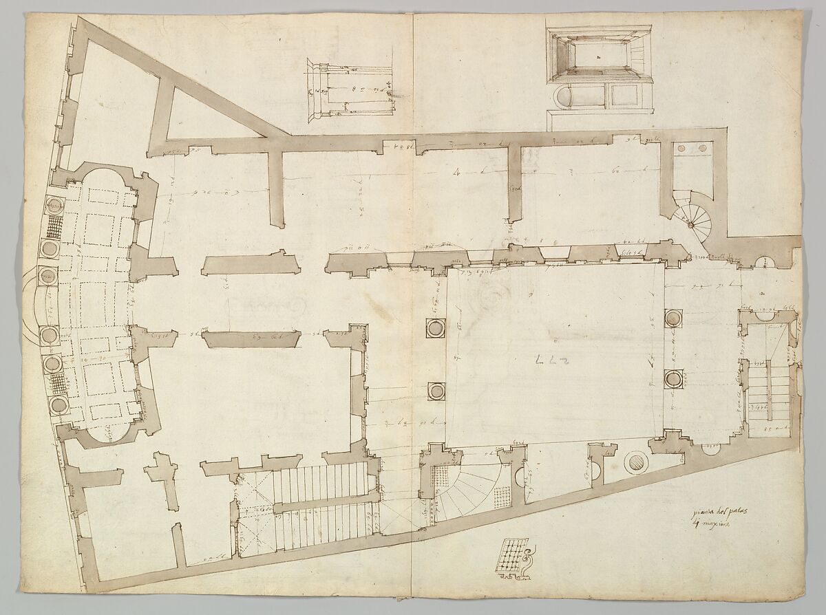 Palazzo Massimo alle Colonne , plan (recto) Palazzo Massimo alle Colonne, façade, details and fireplace (verso), Drawn by Anonymous, French, 16th century, Dark brown ink, black chalk, and incised lines 