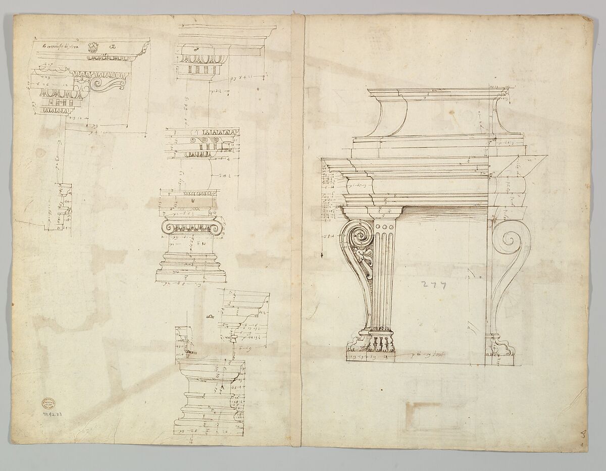 Palazzo Massimo alle Colonne, plan (recto); Palazzo Massimo alle Colonne, façade, details and fireplace (verso), Anonymous, French, 16th century, Dark brown ink, black chalk, and incised lines