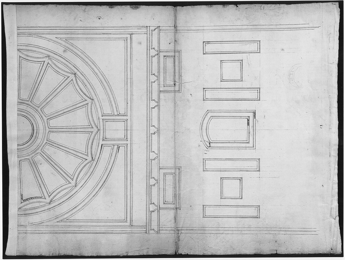 Unidentified, ceiling plan (recto) Pont du Gard, perspective elevation (verso), Drawn by Anonymous, French, 16th century, Dark brown ink, black chalk, and incised lines