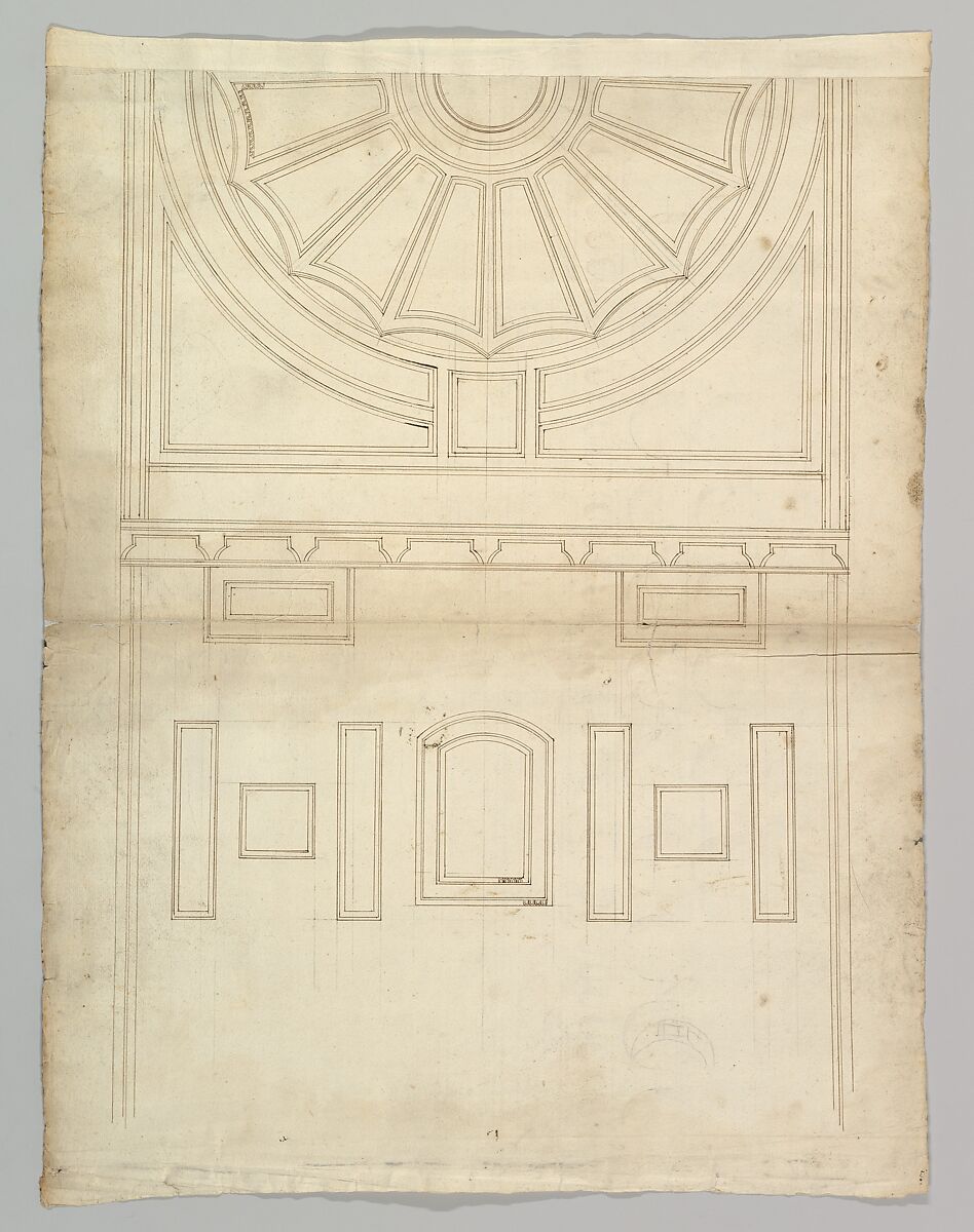 Unidentified, ceiling plan (recto) Pont du Gard, perspective elevation (verso), Drawn by Anonymous, French, 16th century, Dark brown ink, black chalk, and incised lines 