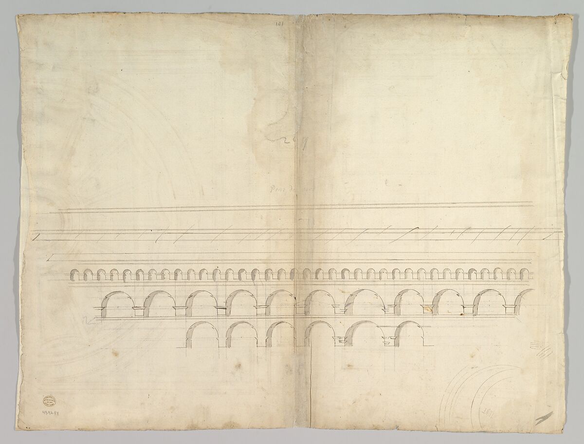 Unidentified, ceiling plan (recto) Pont du Gard, perspective elevation (verso), Drawn by Anonymous, French, 16th century, Dark brown ink, black chalk, and incised lines