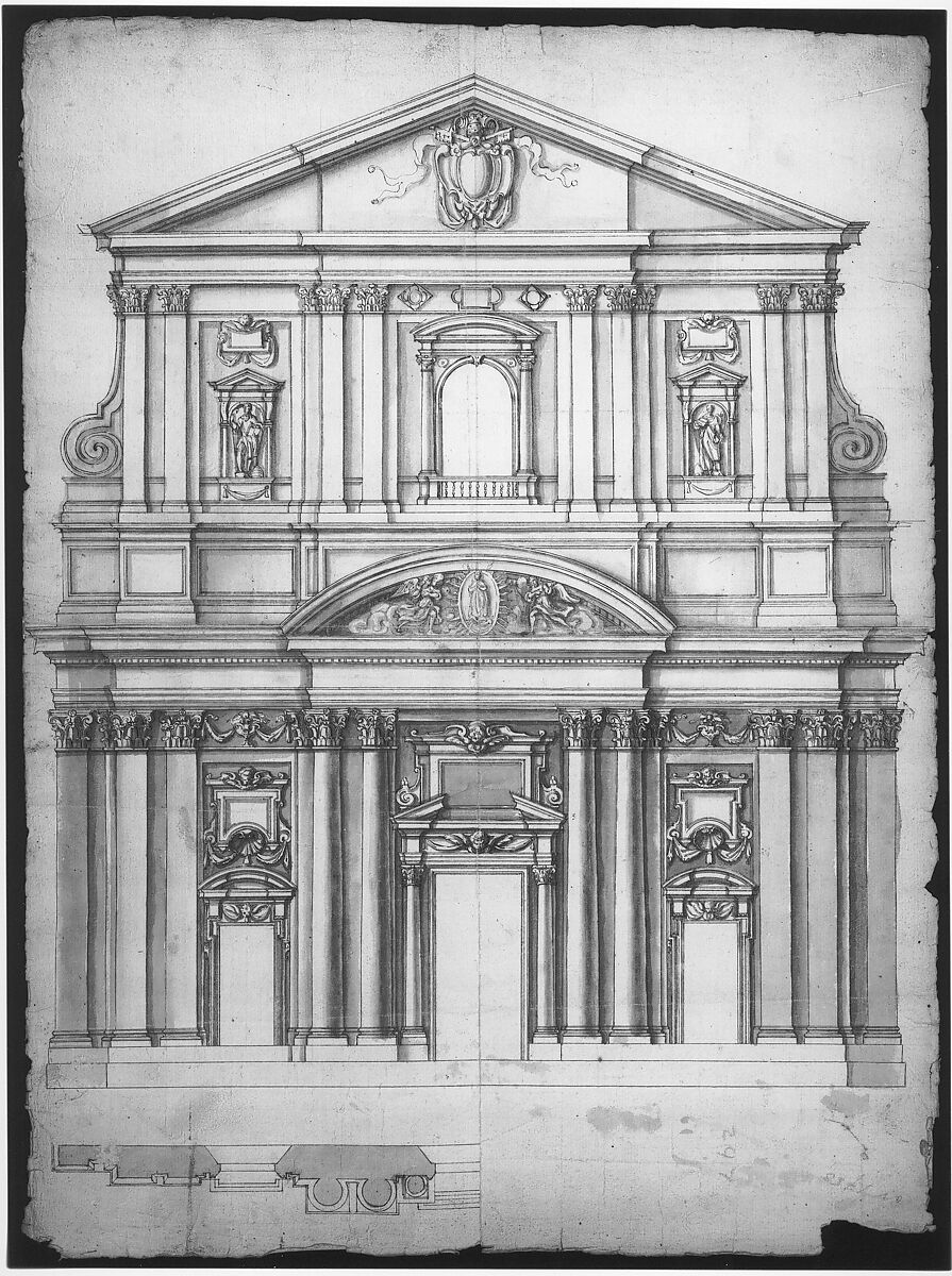 Santa Maria in Vallicella, elevation; plan (recto) blank (verso), Drawn by Anonymous, French, 16th century, Dark brown ink, black chalk, and incised lines