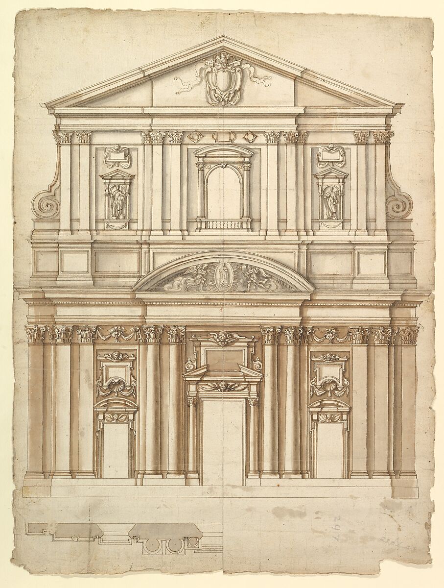 Santa Maria in Vallicella, elevation; plan (recto) blank (verso), Drawn by Anonymous, French, 16th century, Dark brown ink, black chalk, and incised lines 
