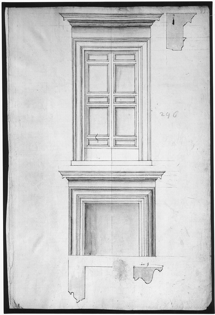 Unidentified, portal, elevation; portal, cornice, profile; fireplace, elevation (recto) blank (verso), Drawn by Anonymous, French, 16th century, Dark brown ink, black chalk, and incised lines