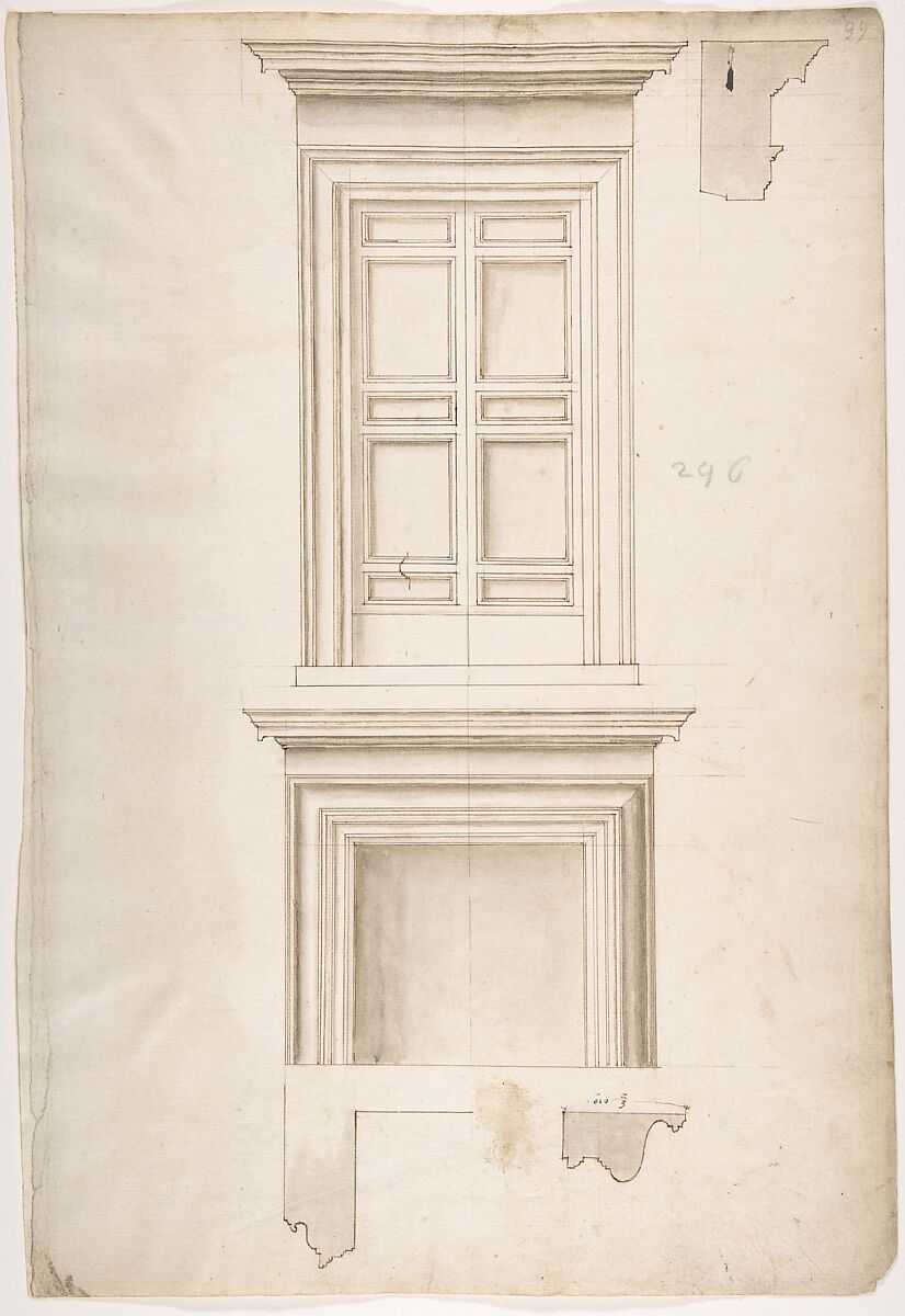 Unidentified, portal, elevation; portal, cornice, profile; fireplace, elevation (recto) blank (verso), Drawn by Anonymous, French, 16th century, Dark brown ink, black chalk, and incised lines 