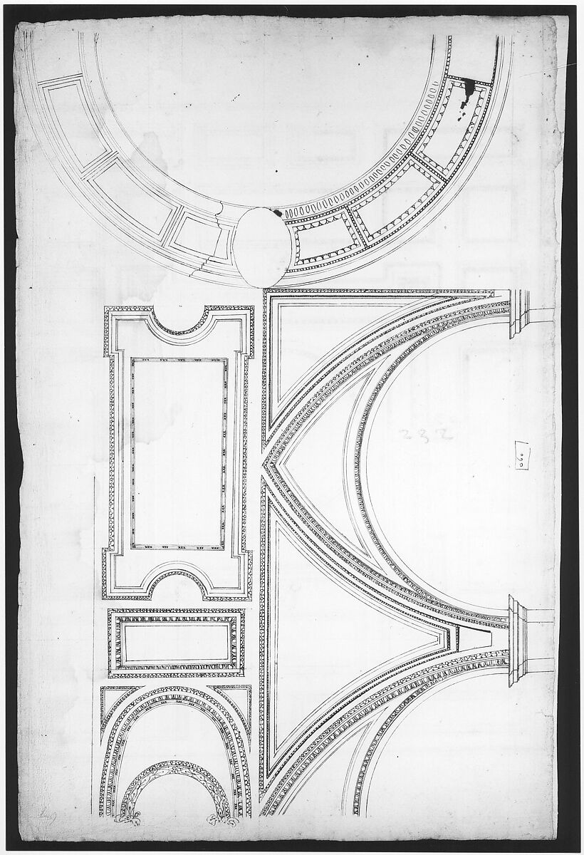 Unidentified, ceiling plan (recto) Palazzo Farnese, ceiling plan (verso), Drawn by Anonymous, French, 16th century, Dark brown ink, black chalk, and incised lines