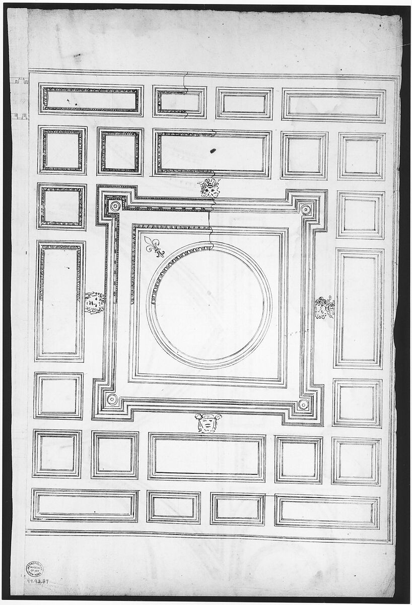 Unidentified, ceiling plan (recto) Palazzo Farnese, ceiling plan (verso), Drawn by Anonymous, French, 16th century, Dark brown ink, black chalk, and incised lines