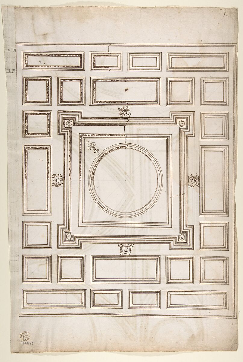 Unidentified, ceiling plan (recto) Palazzo Farnese, ceiling plan (verso), Drawn by Anonymous, French, 16th century, Dark brown ink, black chalk, and incised lines 