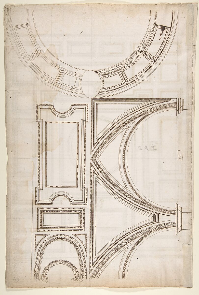 Unidentified, ceiling plan (recto) Palazzo Farnese, ceiling plan (verso), Drawn by Anonymous, French, 16th century, Dark brown ink, black chalk, and incised lines