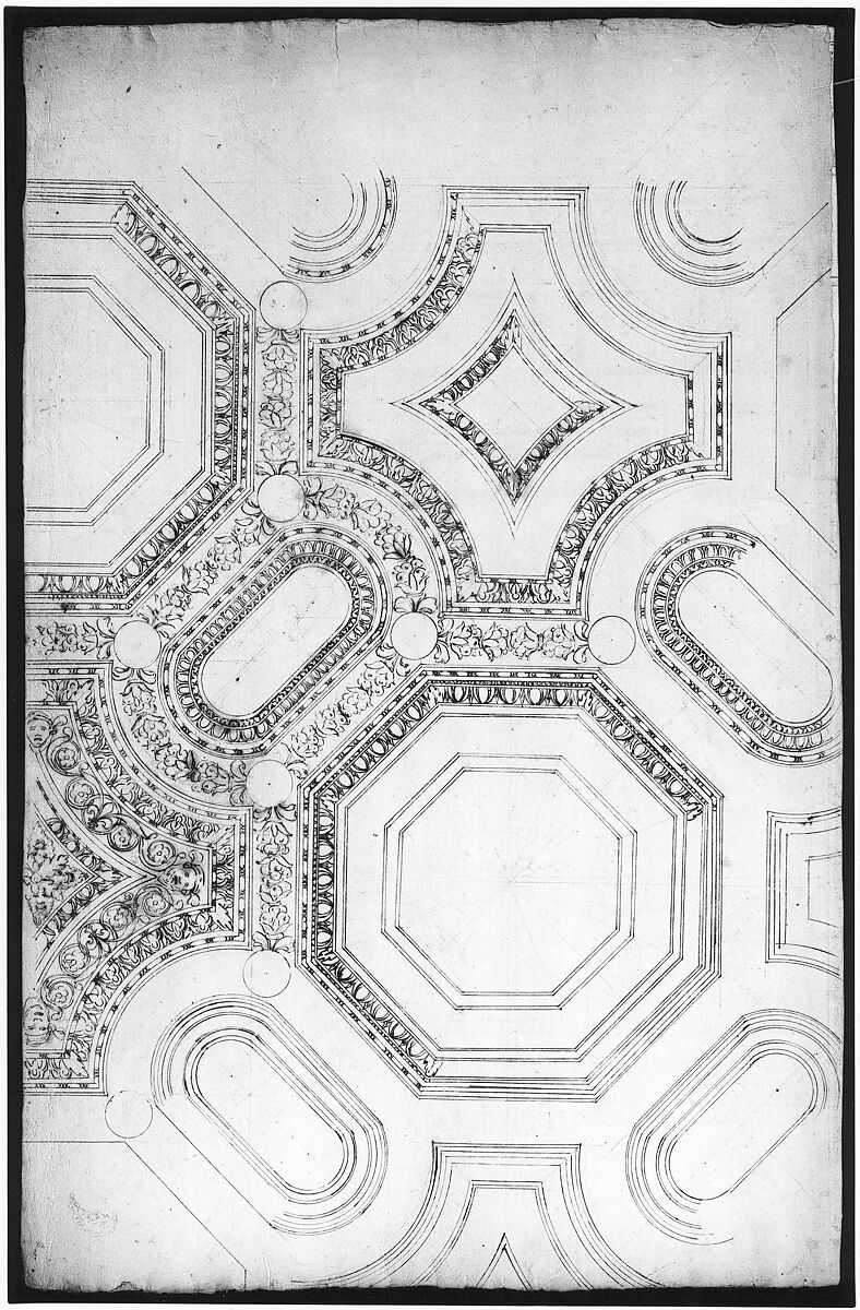 Palazzo Pontifici, Sala Regia, coffer panels, reflected ceiling plan (recto) blank (verso), Drawn by Anonymous, French, 16th century, Dark brown ink, black chalk, and incised lines