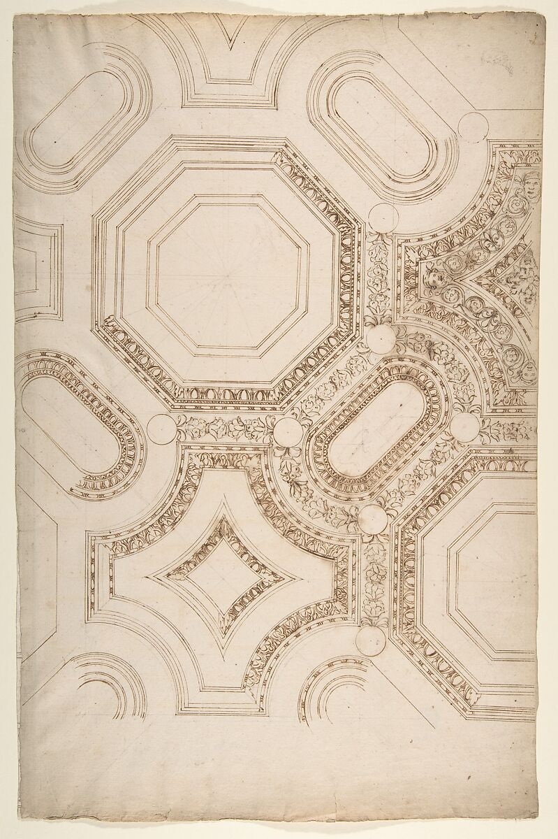 Palazzo Pontifici, Sala Regia, coffer panels, reflected ceiling plan (recto) blank (verso), Drawn by Anonymous, French, 16th century, Dark brown ink, black chalk, and incised lines 