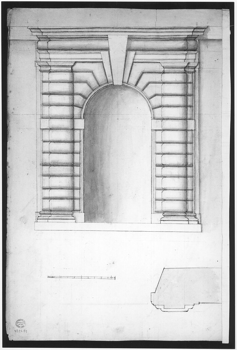 St. Peter's, apse, window, elevation (recto) Unidentified, portal, elevation (verso), Drawn by Anonymous, French, 16th century, Dark brown ink, black chalk, and incised lines