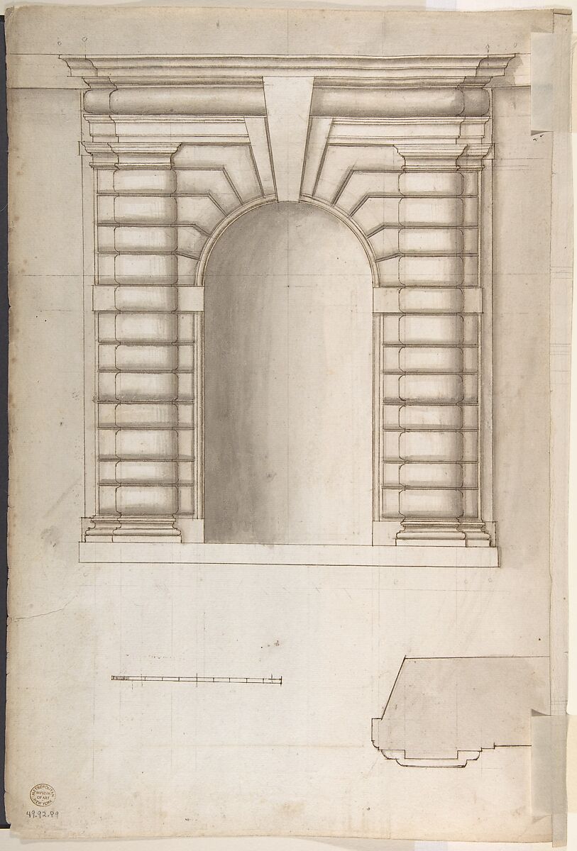 St. Peter's, apse, window, elevation (recto) Unidentified, portal, elevation (verso), Drawn by Anonymous, French, 16th century, Dark brown ink, black chalk, and incised lines