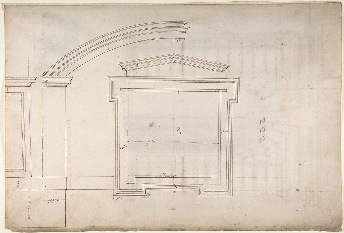 St. Peter's, apse, window, elevation (recto) Unidentified, portal, elevation (verso), Drawn by Anonymous, French, 16th century, Dark brown ink, black chalk, and incised lines 