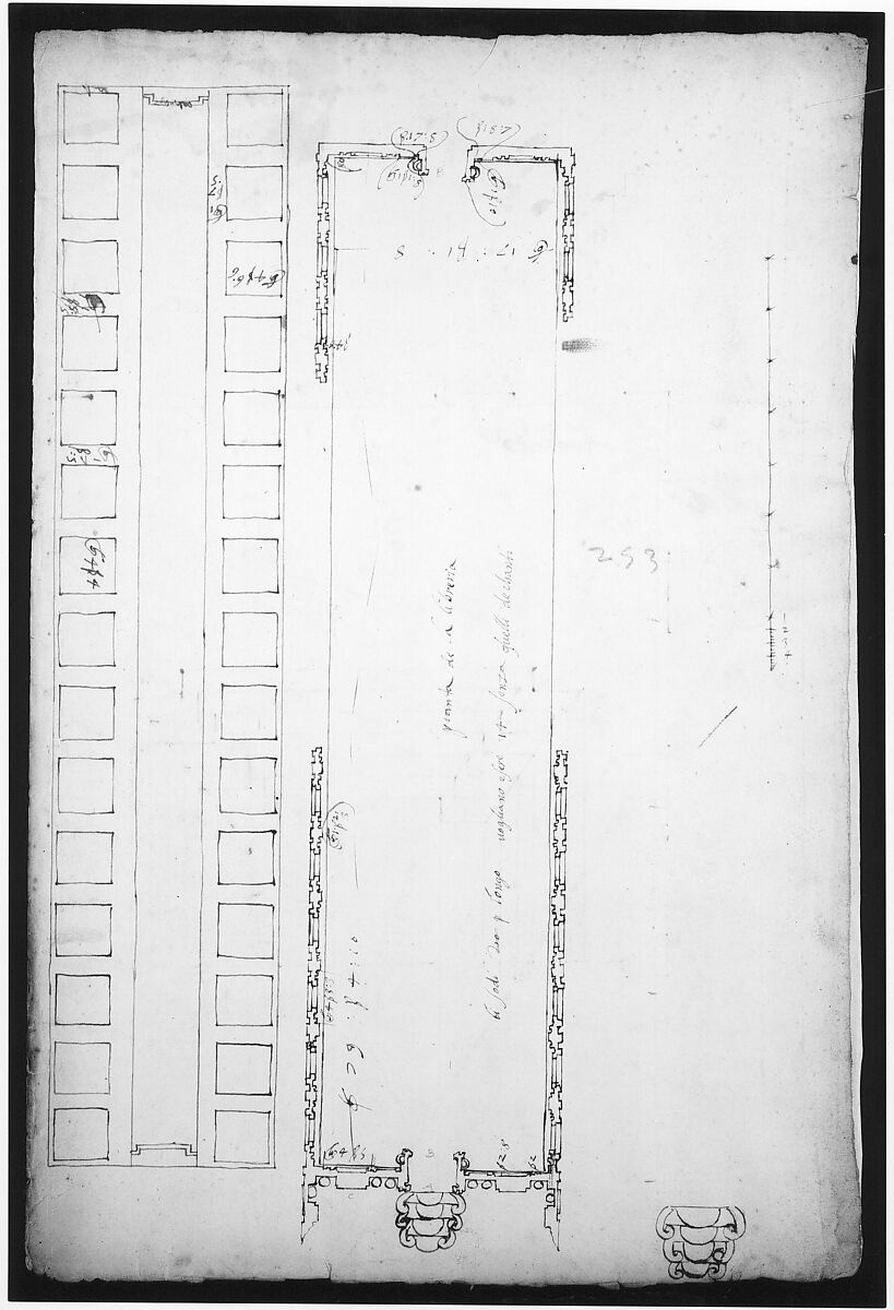 San Lorenzo, Library, plan; reflected ceiling plan; stair, detail (recto) San Lorenzo, Ricetto, plan (verso), Drawn by Anonymous, French, 16th century, Dark brown ink, black chalk, and incised lines