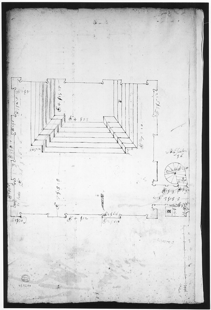 San Lorenzo, Library, plan; reflected ceiling plan; stair, detail (recto) San Lorenzo, Ricetto, plan (verso), Drawn by Anonymous, French, 16th century, Dark brown ink, black chalk, and incised lines