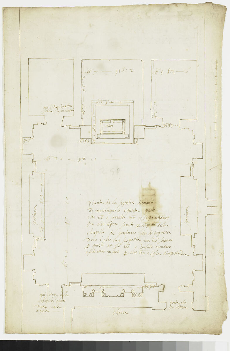 San Lorenzo, Library, plan; reflected ceiling plan; stair, detail (recto) San Lorenzo, Ricetto, plan (verso), Drawn by Anonymous, French, 16th century, Dark brown ink, black chalk, and incised lines