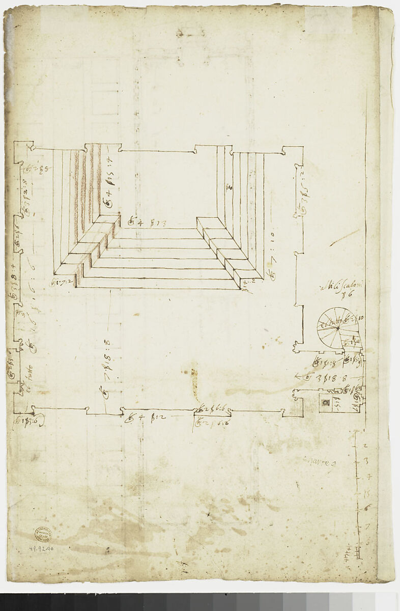 San Lorenzo, Library, plan; reflected ceiling plan; stair, detail (recto) San Lorenzo, Ricetto, plan (verso), Drawn by Anonymous, French, 16th century, Dark brown ink, black chalk, and incised lines