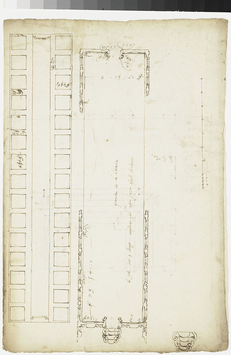San Lorenzo, Library, plan; reflected ceiling plan; stair, detail (recto) San Lorenzo, Ricetto, plan (verso), Drawn by Anonymous, French, 16th century, Dark brown ink, black chalk, and incised lines