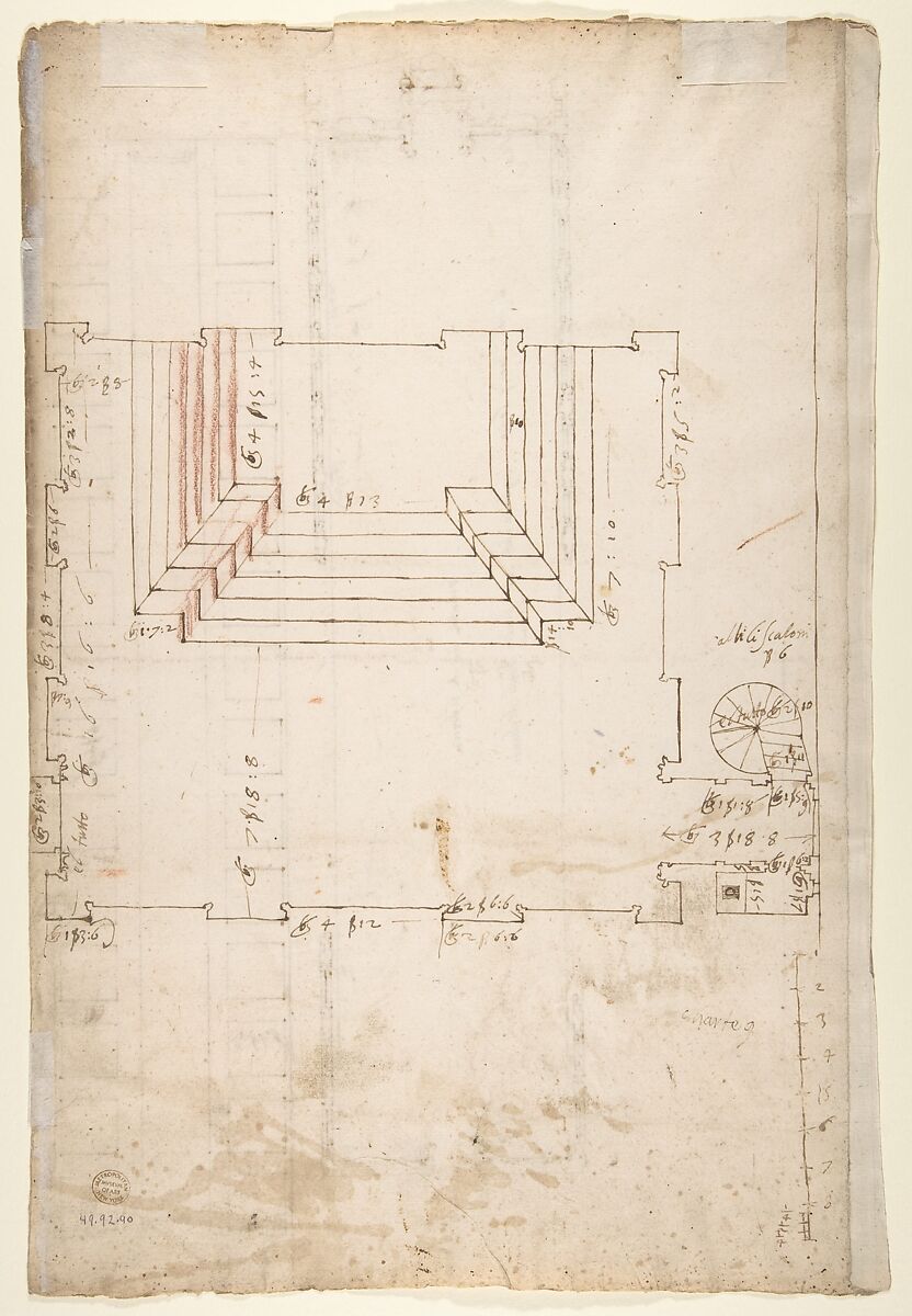 San Lorenzo, Library, plan; reflected ceiling plan; stair, detail (recto) San Lorenzo, Ricetto, plan (verso), Drawn by Anonymous, French, 16th century, Dark brown ink, black chalk, and incised lines